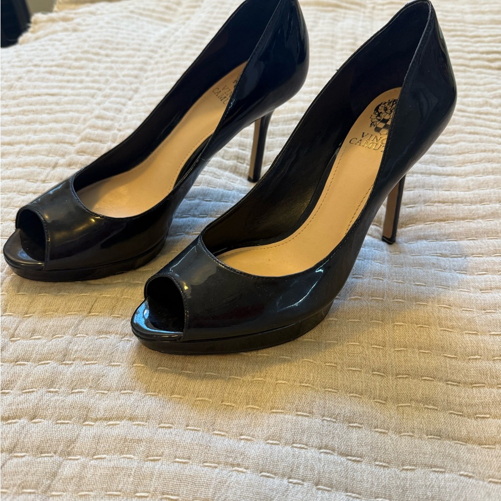 Vince Camuto Glossy Black Peep-Toe Heels